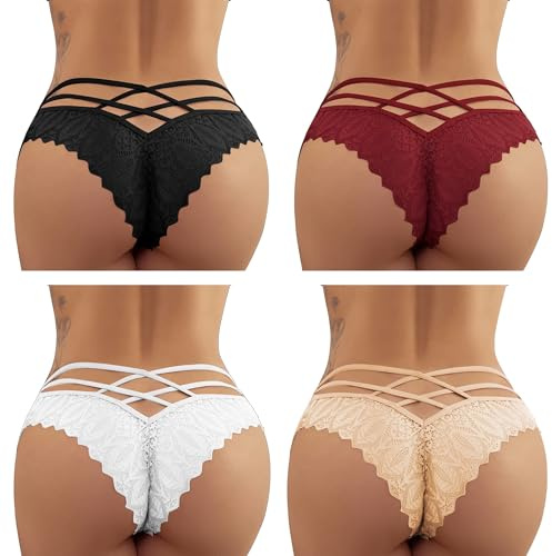 Femmes Sexy Dentelle Maille Lignes Croisées Culottes Creuses Culottes Sans Couture Dames Extensible Taille Basse Bikini Slips Dentelle Sous-vêtements pour Femme (Noir Rouge Blanc Beige 4 packs,L)