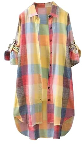 Angxiwan Women's Linen Tops Plaid Shirts for Women UK Plus Size Button Long Sleeve Summer Cardigan Casual Loose Fit Flowy Hem Tunic Tops Elegant Collar Long Blouses