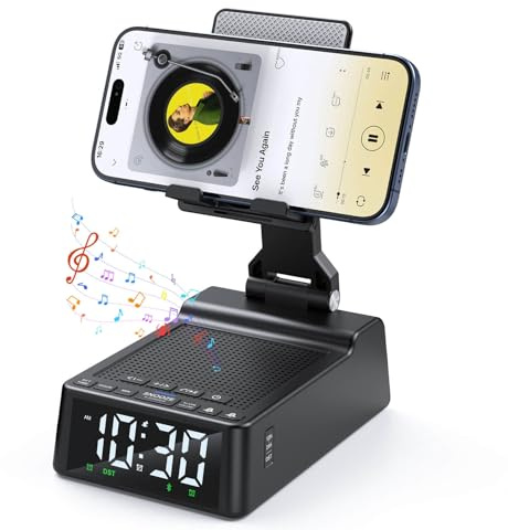 Gift for Women Men, Cell Phone Stand with Wireless Bluetooth Speaker and Alarm Clock Adjustable Cellphone Holder Cool Gadget for Home Office, HD Stereo Subwoofer Sound Fits for All Phones Tablets