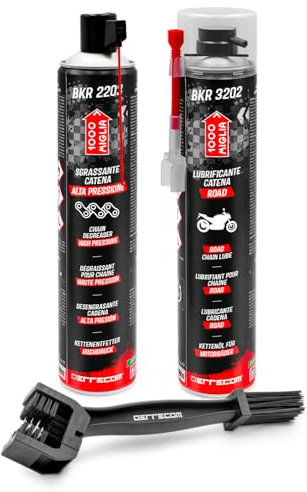 ERRECOM 1000 Miglia Clean&Lube Kit Chaîne Moto Road ; Comprend Dégraissant Chaîne Cylindre Haute Pression 750mL + Lubrifiant Chaîne Moto de Rue 750mL + Huggie System et Rallonge 90°+ Brosse + Gants