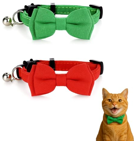 EUYKQNOI 2 Pezzi Collare per gatti in velluto con campana e papillon,regolabile per gatti separati,gattino piccolo cucciolo di sicurezza papillon solido colore di base collare per papillon per gatti