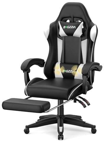 Racingreat Gaming Chair with Massage & Footrest | High-Back Ergonomic Chair | Adjustable Lumbar Support & Headrest for Office & Home (White)