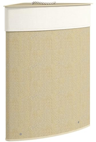 HOMCOM Cesto Ropa Sucia de Bambú para Esquina de 55L con Tapa y Asa, Cubo Ropa Sucia con Bolsa Extraíble y Lavable para Baño, Dormitorio, 35x35x60 cm, Crema
