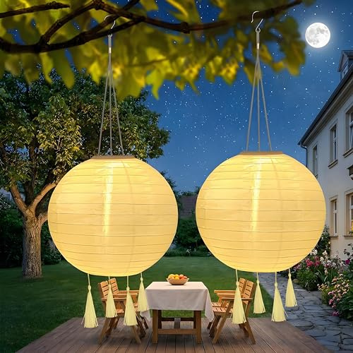 Farolillos solares, 2 farolillos solares de 30 cm, farolillos LED con 4 borlas, farolillos colgantes de nailon para jardines, patios, balcones, decoración de bodas (blanco cálido)
