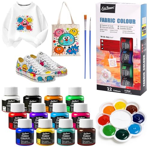 Permanent textilfärg, 12 färger x 25 ml textilfärg med penslar och palett, perfekt för T-shirts, skor, jeans, väskor, kläder och gör-det-själv-projekt - utmärkt täckande kraft