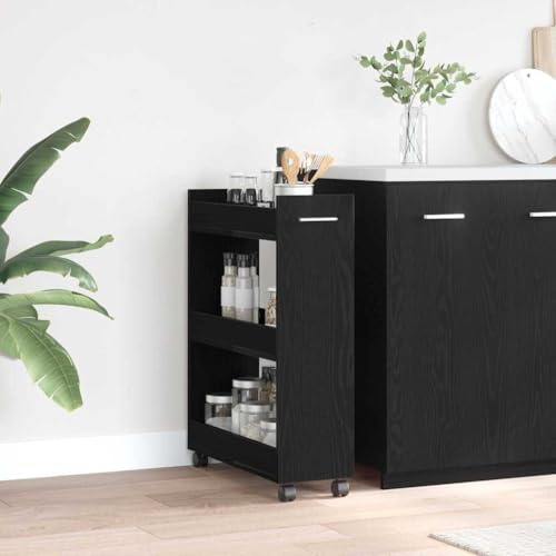 SooIarix Modernt skåp, svart ekutseende, 60 x 22 x 79 cm, med 3 hyllor, rullar, robust trämaterial, för vardagsrum, kontor, sovrum