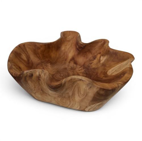 Kinaree Teak rotträ, fruktskål Ø 35–40 cm – stor massiv träskål, naturligt formad av äkta trä, handgjort naturträ och unikt