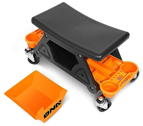 DNA Motoring TOOLS-00189 Tabouret de mécanicien – 64 x 33 x 30,5 cm (L x H x P), siège de travail roulant avec roues pivotantes verrouillables et plateau à outils de rangement