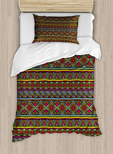 Ambesonne African Duvet Cover Sets, Colorful Diamond Motifs with Angled Lines Lively Palette Geometric Borders, Bedding Set with 2 Duvet Covers & 4 Pillowcases, 2 Pack Queen Size, Multicolor
