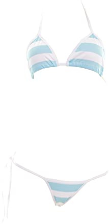 SINMIUANIME Kvinnor japansk stil anime underkläder sexig blå/rosa randig mikrobikini cosplay BH och trosa set