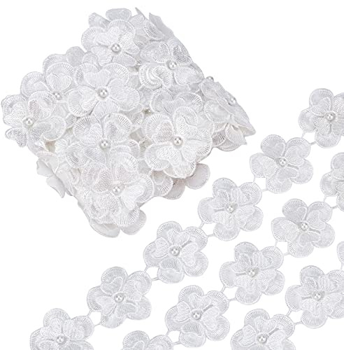GORGECRAFT 4 Yard 3D Fiore Bordo In Pizzo Rifinitura Nastro Perline Perline Bordatura Passamaneria Ricamato Applique Tessuto Vintage Cucito Artigianato per Abito Da Sposa Abbellimento (Bianco)