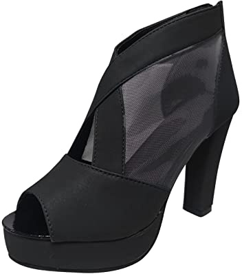 Women's Mesh Platform Chunky Heeled Peep Toe Heel Ankle Boots-CLEARANCE Black 6
