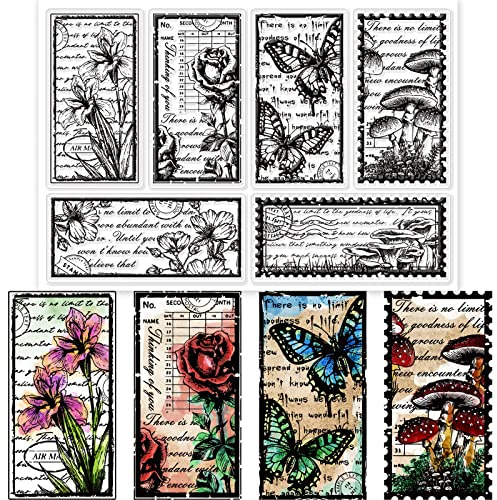 GLOBLELAND Vintage Text Background Clear Stamps for Cards Making Retro Flowers Mushroom Butterfly Silicone Clear Stamp Seals for Cards Making DIY Scrapbooking Photo Journal Album Decoration