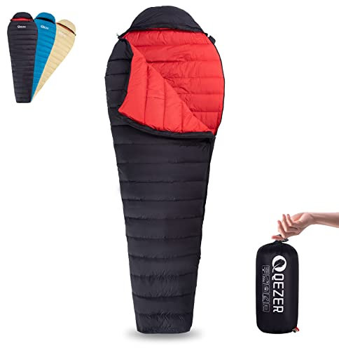 QEZER Sommer Schlafsack,nur 620g Ultraleicht Daunen Schlafsack Kleines Packmaß für Kind,Jungen und Mädchen,Erwachsener Camping,Trekking Outdoor (Schwarz 7℃)