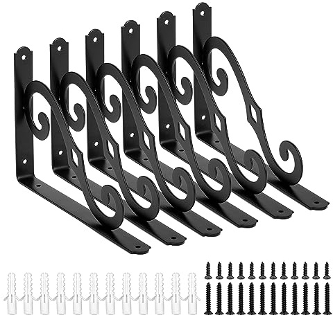 Cherbowing Lot de 6 soportes decorativos para estanterías - En metal negro - Ángulo de 90° - Con tornillos (140 x 200 mm)