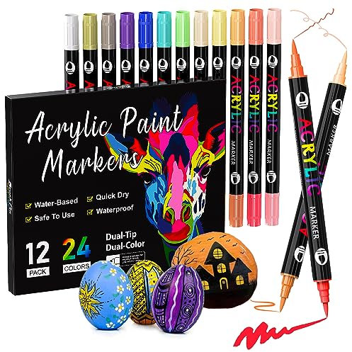 Patamiyar Acrylstifte für Steine Wasserfest, 24 Farben/12 Stifte Dual Tip Acrylfarben Stifte Steine Bemalen Set Acrylstifte fürSteine Holz Glas Leinwand Papier Keramik DIY Fotoalben