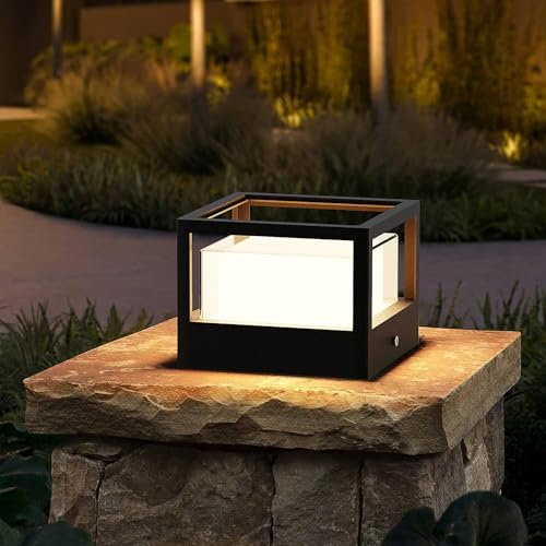 FREEUP Borne Éclairage Extérieur, 15W LED Lampe de Jardin Exterieur Ip65 Lampadaire Exterieur en Aluminium, Blanc Chaud, Borne Lumineuse Exterieure, Pour Chemins Terrasse, Noir,L:16 x l:16 x H:12 cm