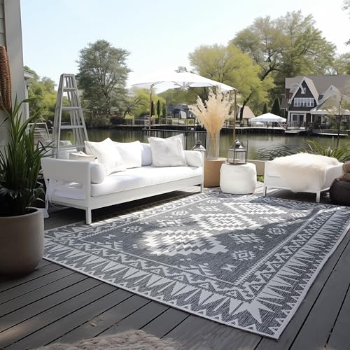 ELLE Decoration In und Outdoor Teppich – Wendeteppich Wetterfest & Wasserfest - Modernes Geometrisches Muster Rauten Muster Outdoorteppich für Garten, Balkon, Terrasse, Wohnzimmer – Silber, 160x230cm