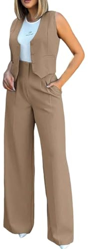 Tailleur Femme 2 Pièces sans Manches Formel Bureau Travail Pantalon Costumes Manteau Ensemble Couleur Unie Slim Fit Gilet à Boutons Chic et Elegant Veste Manteau Pantalon Ensemble