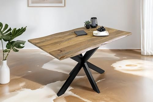 SAM Esstisch Tiger 160 x 85 cm, Mangoholz massiv & naturfarben, Baumkantentisch mit Spider-Metallgestell in Schwarz, echte Baumkante, Esszimmertisch in Vintage-Optik