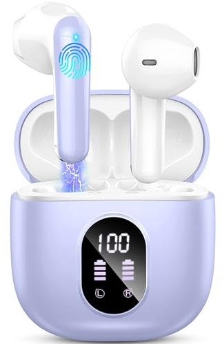 Drsaec Auriculares Inalambricos, Auriculares Bluetooth 5.3 HiFi Estéreo, 50H Cascos Inalambricos Bluetooth con 4 HD Mic,2024 Audifonos Inalambricos Cancelacion de Ruido ENC/Pantalla LED//USB-C/Morado