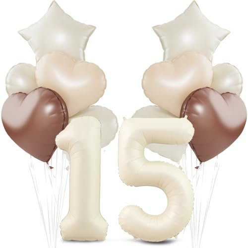 Beige Luftballon 15.Geburtstag,Cremeweiß 15. Geburtstag Ballon Deko,XXL 40 Zoll luftballon 15.，Beige Aprikose Braun Herz Stern Folienballons，für 15 Jahre Geburtstagsdeko Jubiläum Party Dekoration