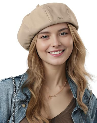 FEOYA Baskenmütze Barett für Damen Mütze Leder PU Frauen Klassische Französische Mode Visor Schirmmütze Beige Ballonmütze Bakerboy Hat Achteckige Beret Mütze Cap Maler Kappe Elbsegler Herbst Winter