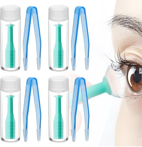 Soleeya 4 Pezzi Ventosa per Lenti a Contatto Verde + 4 Pezzi Pinzette Lenti a Contatto, Applicatore Lenti a Contatto Conveniente Lenti a Contatto Ausili per L'Uso delle Ventose per Rimuovere