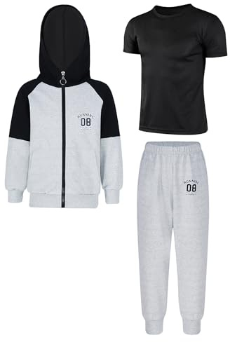 CHICTRY Bambini Ragazzi Tuta da Ginnastica Artistica Felpa con Cappuccio e Jogging Pantaloni e T-shirt Manica Corta 3 Pezzi Completo Sportivo per 2-12 Anni Nero&Grigio 9-10 anni