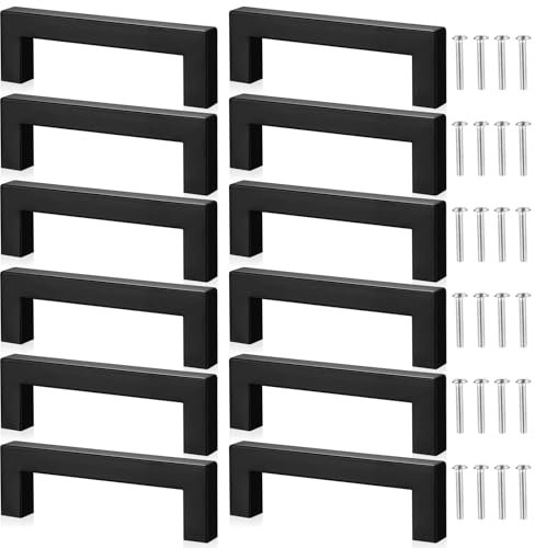 qxayxa 12 Stück Möbelgriffe Schwarz, Küchengriffe Schwarz 96mm Lochabstand, Schrankgriffe, Schubladengriffe, Edelstahl Türgriffe Schubladen Griffe für Küchenschrank Möbel Quadrat Griffe