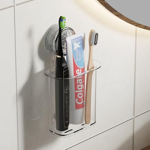 PAVSTINE Soporte Cepillo de Dientes Pequeño con Ventosa, Portacepillo de Dientes Eléctrico sin Taladrar, Portacepillos de Dientes Pared, Carga Máxima de 3 KG, Toothbrush Holder Extraíble para Baño