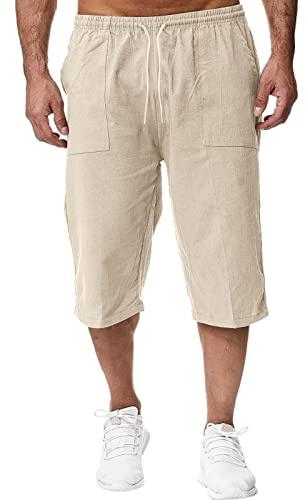 Mens Linen Shorts - 3/4 Length Shorts Men Relaxed Fit Long Shorts Men's Three Quarter Pants Beach Cargo Shorts Lightweight Lounge Elasticated Waist Drawstring Joggers with Pockets Beige