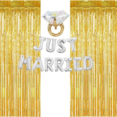 Silver 'Just Married' girlang ballong med 2 stycken 1 x 2 m guld metallisk glittergardin för fotobakgrund, 1 styck diamantring heliumballonger