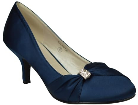 Women’s Satin Low Kitten Heel Court Shoes – Diamante Buckle Bridal Bridesmaid Prom Party Heels for Wedding-Navy 5 UK