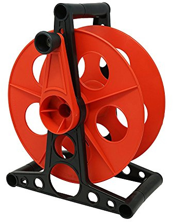 Woods Extension Cord Storage Reel - Holds Up to 150 Feet of 16/3 or 125 Feet of 14/3 Gauge Cord - Tangle-Free Design for Indoor or Outdoor Use - Side-Mounted Crank - Red & Black