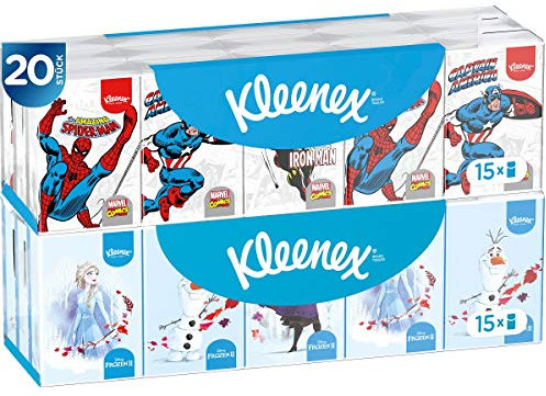 Kleenex Disney Mini-Taschentücher für Kinder, Marvel und Frozen Mix, 4-lagig, 15 x 20 Packungen à 7 Tücher
