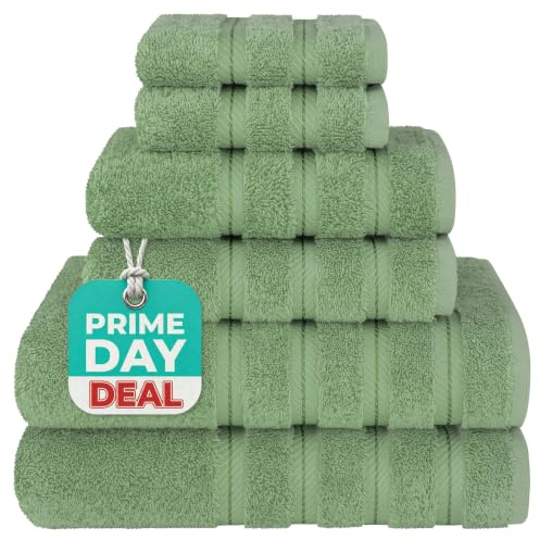 American Soft Linen Luxury - Juego de 6 Toallas para baño, 2 Toallas de baño, 2 de Mano y 2 faciales de 100% algodón Turco, Juego de Toallas, Color Verde Salvia