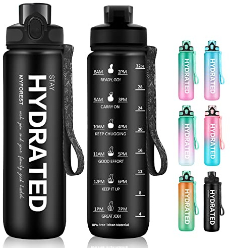 MYFOREST 1000ml/32oz Sports Water Bottle, Time Marker for Motivational Hydration, Drop-proof, BPA-free, Wide Mouth for Easy Clean: Cold/Hot/Carbonated/Cider