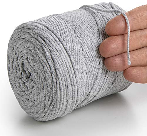 MeriWoolArt® Makramee Garn 2 mm x 250 m Baumwollkordel, recyceltes weiches Baumwollgarn für das Stricken von Pflanzenhängern, Schmuckherstellung, Häkeltaschen (Asche, 2mm)