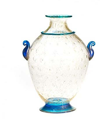 YourMurano - Vaso de vidrio de Murano para la decoración del hogar, obra de arte en vidrio hecha a mano, Made in Italy, vaso clásico en forma de ánfora dorada con detalles azules.