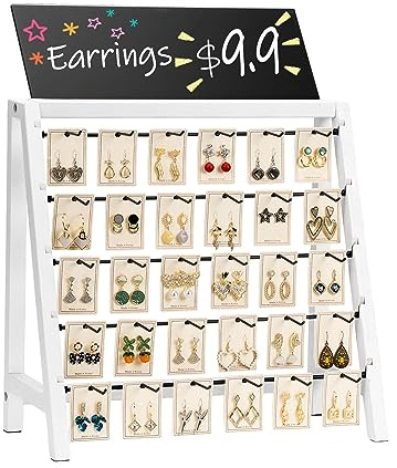 Poyilooo Jewelry Display Stand for Vendors, 30 Hooks Wood Earring Display with Advertising Board, Large Capacity Earring Display Stands Rack for Earring Cards