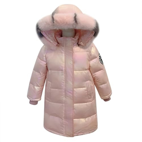 linboo Fille Manteau Longue Doudoune Chaud Veste Enfant Hiver Epais Blouson à Capuche Fourrure Matelassé Parka Lumineux, Rose, 7-8 ans