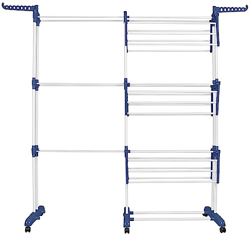 HUOLE Tendedero Vertical Tipo Torre, Tendedores de Ropa Plegable, Tendedero Ropa Plegable 4 Ruedas 3 Niveles Estante Tubo Acero Lavanderia Tendero (75-142.5 * 64 * 170cm-azul+Blanco)