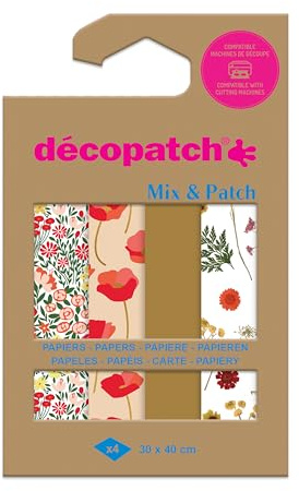 Décopatch DP032C -Une Pochette de 4 Feuilles Décopatch - Dimensions : 30 x 40 cm - Papiers imprimé, Or & rouge - Mix & Patch - A partir de 5 ans, DIY, création, rénovation, activité créative