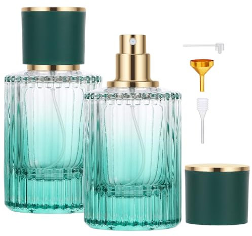 Segus Aftershave Travel Bottle, 2 Pcs 50ml Empty Perfume Bottles in Glass, Leakproof Atomiser Spray Bottle, for Daily and Trips (Gradient Green)