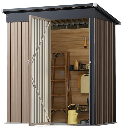 XEMQENER 5x3 FT Metal Garden Storage Shed With Swing Door - Waterproof Galvanized Steel for Gardening Tools and Equipment, 154x88x181cm, Brown