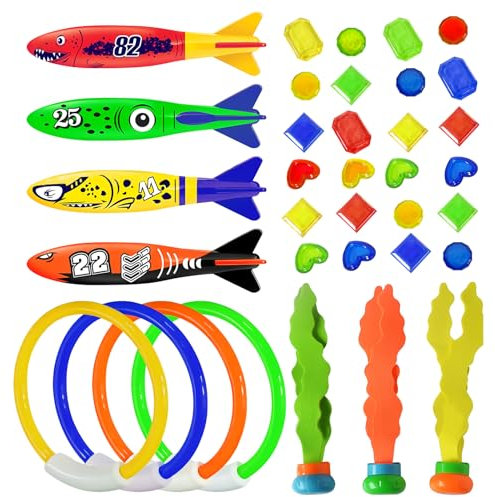 MinXin 35 Pièces Jeu de Jouets de Plongée sous-Marine, Anneaux de plongée pour Piscine, avec Anneaux de Plongée, Torpedo Bandits, Algues, Gemme, Accessoires de Plongée de Piscine