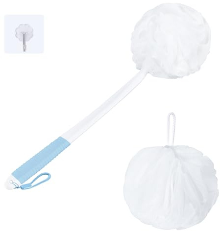 VANZAVANZU Loofah Sponge Set Back Scrubber for Shower, Anti-Slip Plastic 17 Handle Loofah on a Stick with Fluffy Shower Sponge, PE Soft Mesh Shower Loofahs-White with Blue Grip
