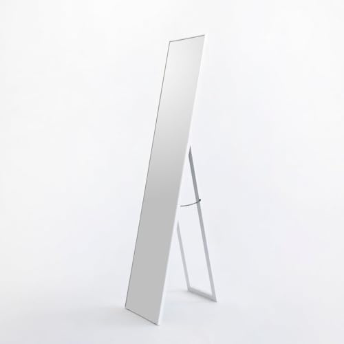 LOLAhome - Espejo de pie de Cuerpo Entero con Marco de Madera Blanco de 151x31 cm. Pie Plegable para Colgar en la Pared. Ideal para vestidores y dormitorios. Moderno, Minimalista, Ligero y Estable.