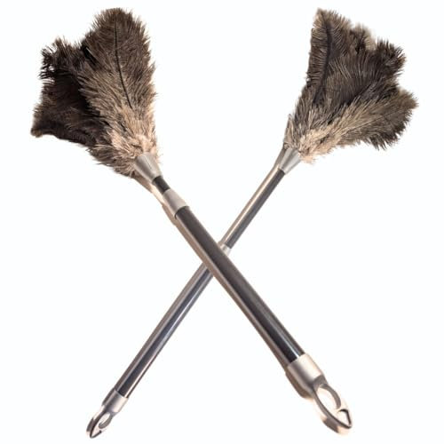 OfficeGear Twin Pack Extendable Genuine Ostrich Feather Dusters [62-78cm] - Multipack of 2 - Twistlock Handle for Cleaning Lights, Doorways, Skirting, Cupboards, Ceilings
